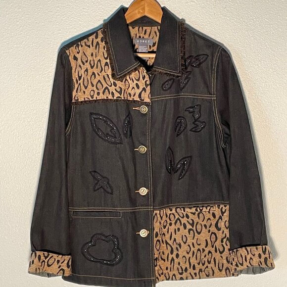 Koret- Black Leopard‎  print denim jacket, size large - Picture 1 of 8
